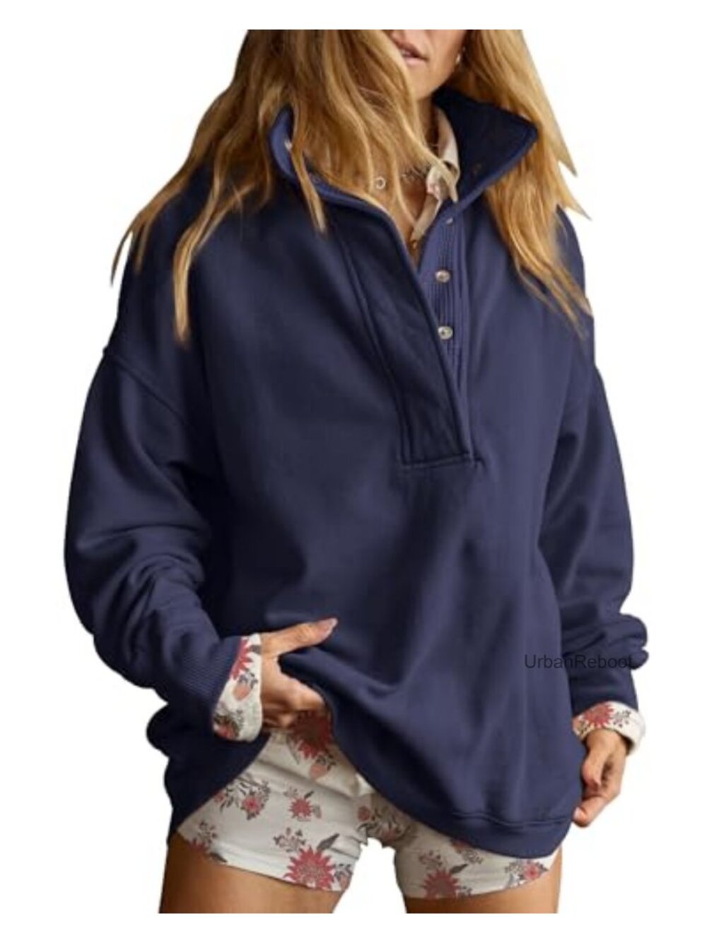 Oversized Henley Neck Pullover Sweatshirt Snap Buttons